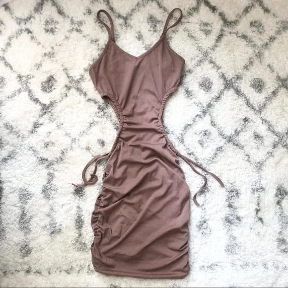 Ribbed V-Neck Waist Side Cutout Tie Ruched Slinky Bodycon Mini Dress Coffee S - Picture 9 of 15